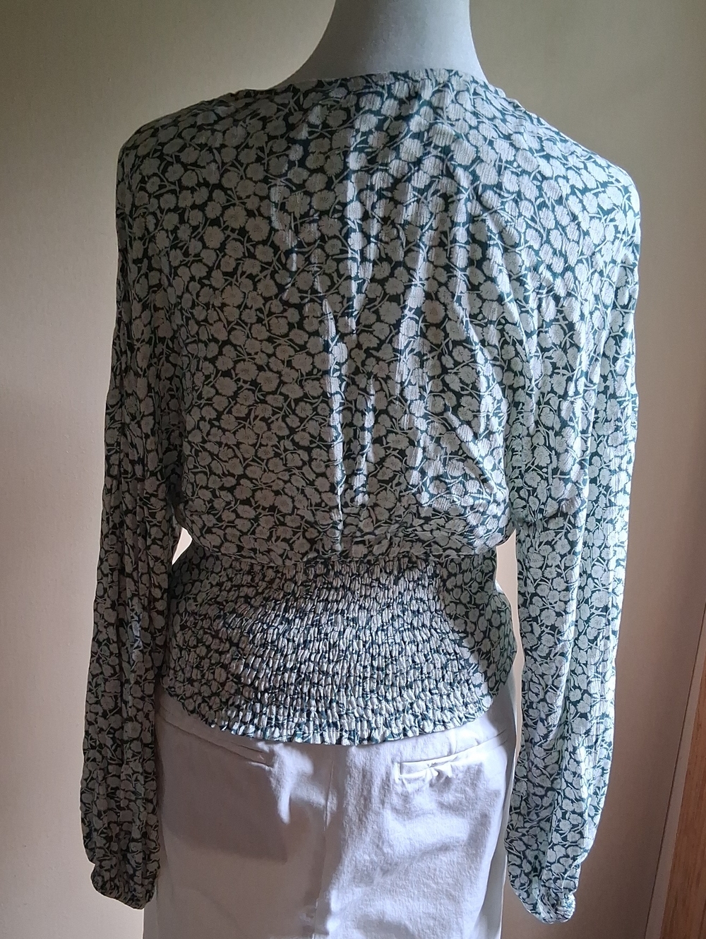 Abercrombie & Fitch Green and White Floral Smocked-Waist Blouse